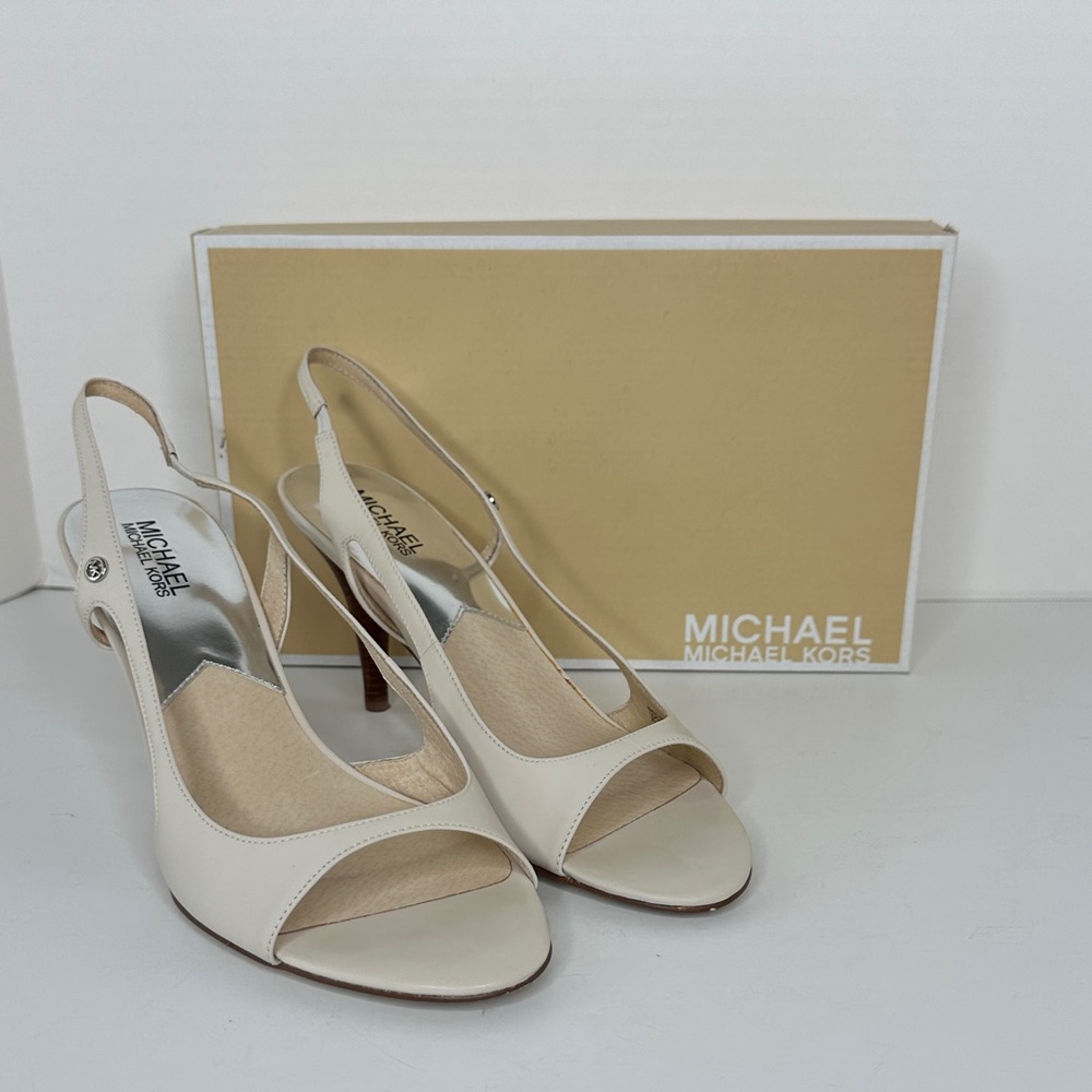 MICHAEL Michael Kors Women's Zoe Sling Peep Toe Heels Size 10M Vanilla Wood Heel - Picture 2 of 15